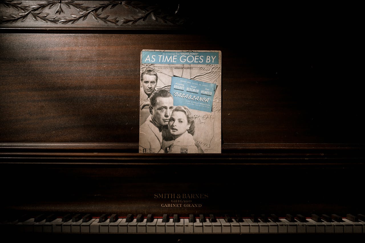 Home A vintage piano with a Casablanca movie music sheet evokes a classic, nostalgic atmosphere.
